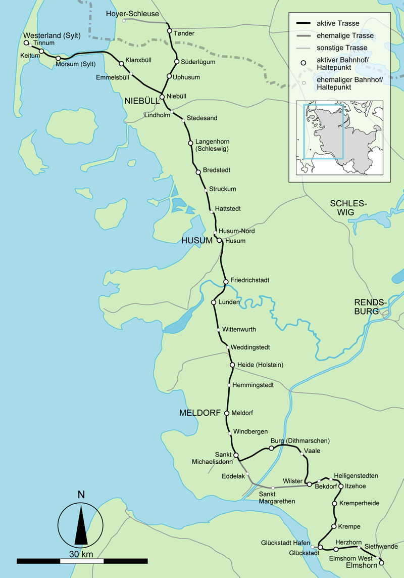 Mapa Marschbahn. W ostatnim artykule opisywałem końcówkę trasy - groblę między stacjami Morsum i Klanxbüll